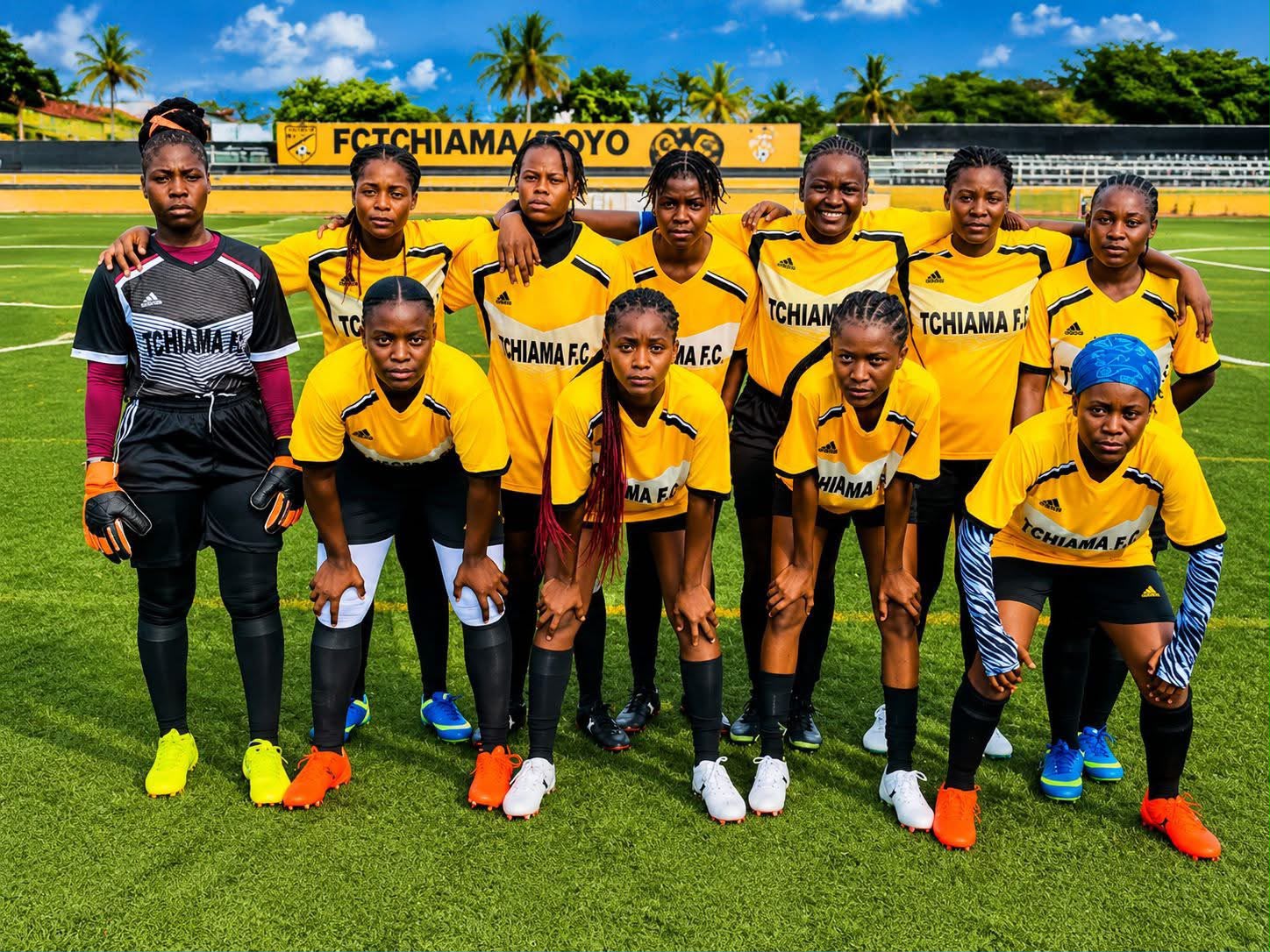 Equipa feminina Tchiama FC posando no relvado